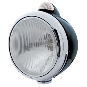 Black "Guide" H4 Halogen Headlight With 5 Amber Led Dual Function Top Mount Light - Clear Lens
