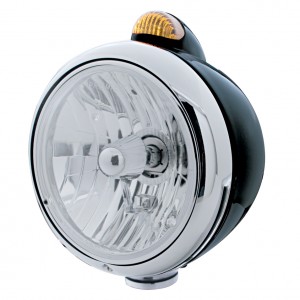 Blk "Guide" Crystal H4 Halogen Headlight With 5 Amber Led Dual Function Top Mount Light - Amber Lens