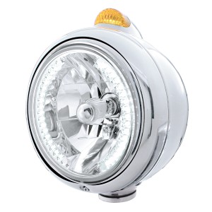 Chrome "Guide" Headlight W/ Amber Top Mount Light - 34 White Led Crystal Halogen