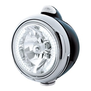 Black "Guide" Headlight W/ Amber/Clear Top Mount Light - 34 White Led Crystal Halogen