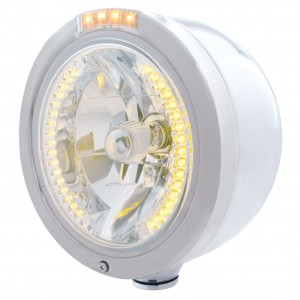 Stainless Steel Peterbilt "Bullet" Half-Moon Peterbilt Headlight W/ Amber/Clear 2 Function Signal Lt - 34 Amber Led Crystal Halogen