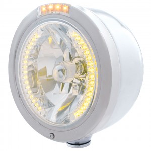 Stainless Steel Peterbilt "Bullet" Half-Moon Peterbilt Headlight W/ Amber/Clear Signal Light - 34 Amber Led Crystal Halogen