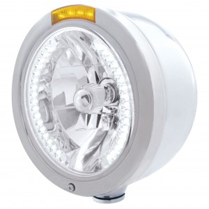 Stainless Steel Peterbilt "Bullet" Half-Moon Peterbilt Headlight W/ Amber Dual Function Signal Light - 34 White Led Crystal Halogen