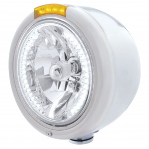 Stainless Steel Peterbilt "Classic" Half-Moon Peterbilt Headlight W/ Amber Signal Light - 34 White Led Crystal Halogen