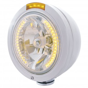 Stainless Steel Peterbilt "Bullet" Peterbilt Headlight W/ Amber Dual Function Signal Light - 34 Amber Led Crystal Halogen