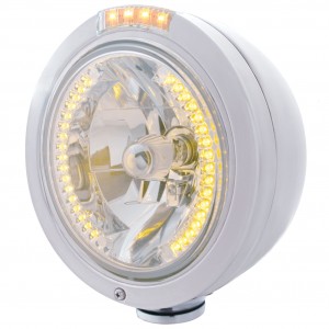 Stainless Steel Peterbilt "Bullet" Peterbilt Headlight W/ Amber/Clear Dual Function Signal Light - 34 Amber Led Crystal Halogen