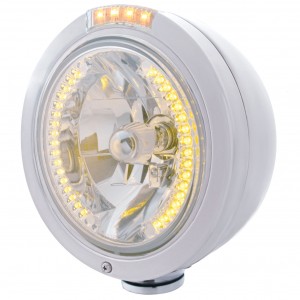 Stainless Steel Peterbilt "Bullet" Peterbilt Headlight W/ Amber/Clear Signal Light - 34 Amber Led Crystal Halogen