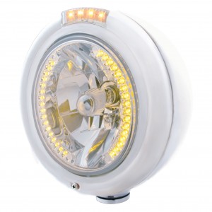 Stainless Steel Peterbilt "Classic" Peterbilt Headlight W/ Amber/Clear Dual Function Signal Light - 34 Amber Led Crystal Halogen