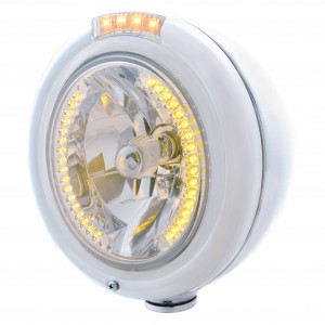 Stainless Steel Peterbilt "Classic" Peterbilt Headlight W/ Amber/Clear Signal Light - 34 Amber Led Crystal Halogen