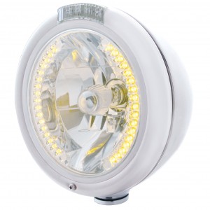 Chrome Peterbilt "Classic" Peterbilt Headlight W/ Amber/Clear Dual Function Signal Light - 34 Amber Led Crystal Halogen