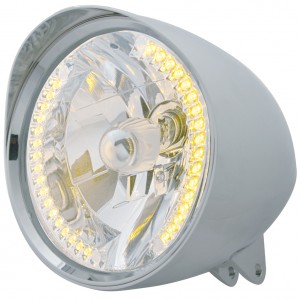 Chrome Aluminum 7" Billet Style "Chopper" Motorcycle Mount Headlight With Smooth Visor - 34 Amber Auxiliary Led