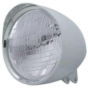 Chrome Aluminum 7" Billet Style "Chopper" Motorcycle Mount Headlight With Smooth Visor - 6014 Seal Beam