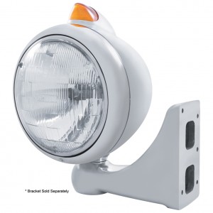 Stainless Steel "Guide" Peterbilt Headlight H6024 Halogen W/ 5 Amber Led Vintage 682-C Series 2 Top Mount Light - Amber Lens