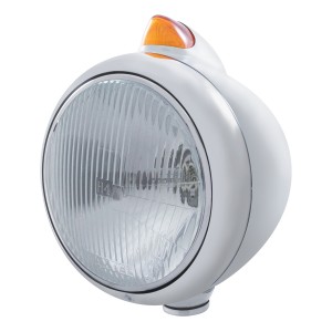 Stainless Steel "Guide" Peterbilt Headlight H4 Halogen W/ 5 Amber Led Vintage 682-C Series 2 Top Mount Light - Amber Lens