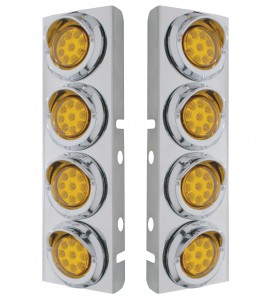(2/Bulk) Stainless Steel Peterbilt 8 Led Cutout A/C Bracket W/2" 9 Amber Led Flat Reflector Light & Chrome Pl. Visor - Amber Lens