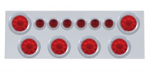 Stainless Steel Rear Center Light Panel W/ Six 10 Led 4" & 9 Led 2" Beehive Light W/ Bezel - Red Led/Red Lens