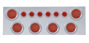 Stainless Steel Rear Center Light Panel W/ Six 12 Led 4" & 9 Led 2" Flat Light W/ Bezel - Red Led/Red Lens
