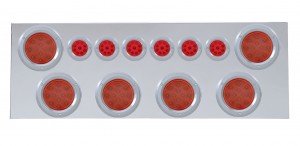 Stainless Steel Rear Center Light Panel W/ Six 12 Led 4" & 9 Led 2" Reflector Light W/ Bezel - Red Led/Red Lens