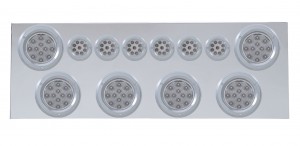 Stainless Steel Rear Center Light Panel W/ Six 12 Led 4" & 9 Led 2" Reflector Light W/ Bezel - Red Led/Clear Lens