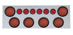 Stainless Steel Rear Center Light Panel W/ Six 12 Led 4" & 9 Led 2" Reflector Light W/ Grommet - Red Led/Red Lens