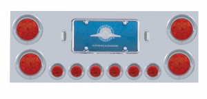 Stainless Steel Rear Center Light Panel W/ Four 7 Led 4" & Six 9 Led 2" Flat Light W/ Visor - Red Led/Red Lens