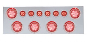 430 Stainless Steel Rear Center Light Panel W/ Six 7 Led 4" & 9 Led 2" Flat Light W/ Visor - Red Led/Red Lens