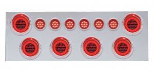 430 Stainless Steel Rear Center Light Panel W/ Six 21 Led 4" Halo & 9 Led 2" Flat Light W/ Visor - Red Led/Red Lens