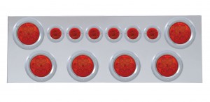 Stainless Steel Rear Center Light Panel W/ Six 7 Led 4" & 9 Led 2" Flat Light W/ Bezel - Red Led/Red Lens