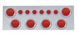 Stainless Steel Rear Center Light Panel W/ Six 7 Led 4" & 9 Led 2" Reflector Light W/ Bezel - Red Led/Red Lens