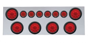 430 Stainless Steel Rear Center Light Panel W/ Six 10 Led 4" & 9 Led 2" Flat Light W/ Grommet - Red Led/Red Lens