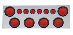 Stainless Steel Rear Center Light Panel W/ Six 7 Led 4" & 9 Led 2" Reflector Light W/ Grommet - Red Led/Red Lens