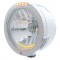 Stainless Steel Peterbilt "Bullet" Half-Moon Peterbilt Headlight W/ Amber/Clear Dual Function Signal Lt - 10 Amb Led Crystal Halogen